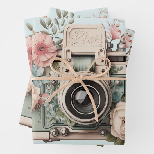 Feuille De Papier Cadeau Camera with Flowers Retro Pastel Image (En situation)