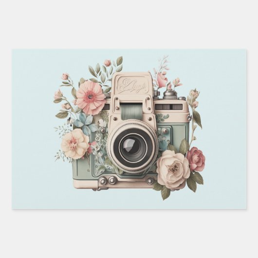 Feuille De Papier Cadeau Camera with Flowers Retro Pastel Image (Devant)