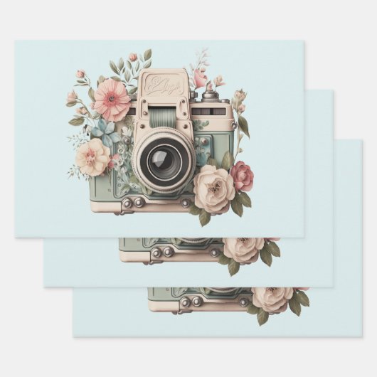 Feuille De Papier Cadeau Camera with Flowers Retro Pastel Image (Lot)