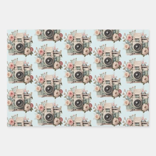 Feuille De Papier Cadeau Camera with Flowers Retro Pastel Image Pattern (Devant 2)