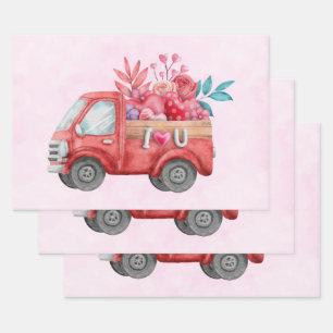 Feuille De Papier Cadeau Camion d'amour mignon avec Coeur Cargo Aquarelle
