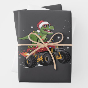 Feuille De Papier Cadeau Camion Monstre de Noël Dinosaure T-Rex 