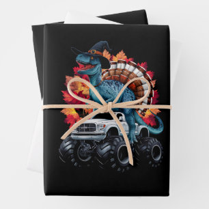 Feuille De Papier Cadeau Camion Monstre Dinosaure T-Rex de Thanksgiving