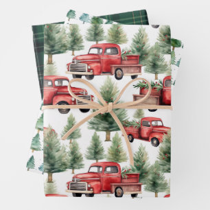 Feuille De Papier Cadeau Camion rouge et arbres de Noël Plaid Farm Noël