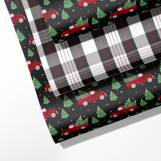 Feuille De Papier Cadeau Camion Rouge Rustique & Noël à Carreaux