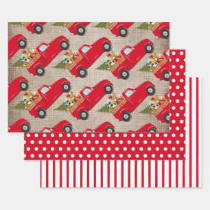 Feuille De Papier Cadeau Camionnette rouge arbre de Noël toile de jute pois