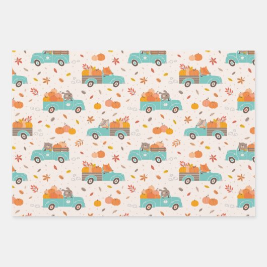 Feuille De Papier Cadeau Camions de patchs Citrouilles mignons avec animaux (Devant)