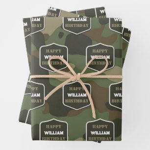 Feuille De Papier Cadeau Camouflage Vert Camo Armée Monogramme Anniversaire