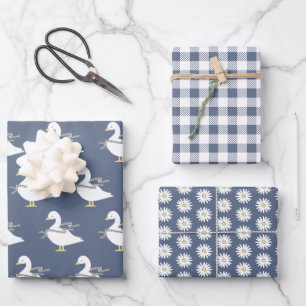Feuille De Papier Cadeau Campagne Cottage Oie bleue, Plaid et marguerites