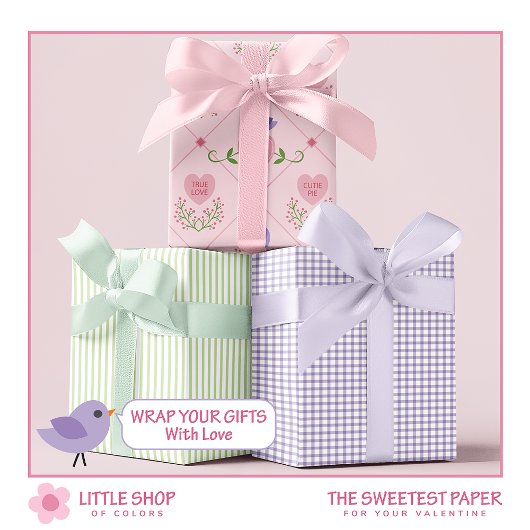 Feuille De Papier Cadeau Candy Heart et Inséparables Valentines Day