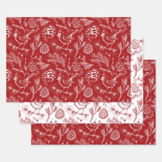 Feuille De Papier Cadeau Cardinal rouge et blanc, Pinecones et Berries d'hi (Lot)
