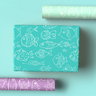 Feuille De Papier Cadeau Caricature Tropical Turquoise et Poisson de Pêche