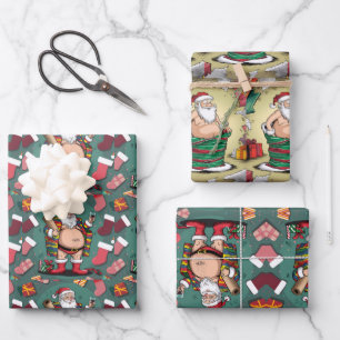 Feuille De Papier Cadeau Caricatures de Noël de père festif et amusant