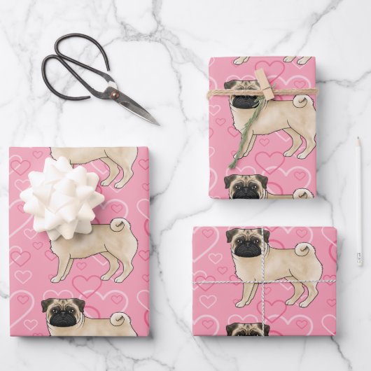 Feuille De Papier Cadeau Carlin Fun Chien Cartoon Mops Pink Love Motif de c (Recto)