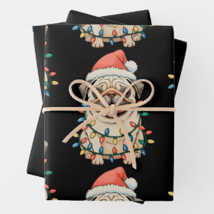 Feuille De Papier Cadeau Carlin Noël Chien Sant Casquette Feux de Noël Pugm