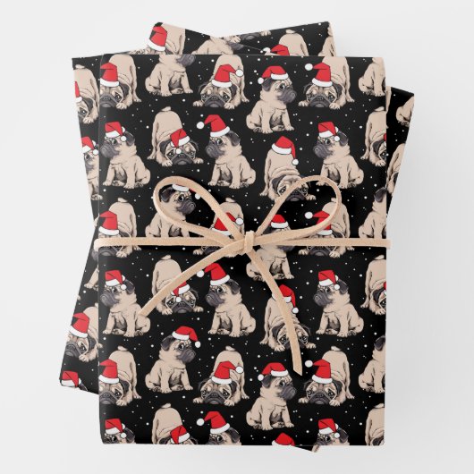 Feuille De Papier Cadeau Carlins en Santa Hats Motif de Noël (En situation)