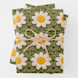 Feuille De Papier Cadeau Carré de grand-mère Green Daisy Crochet Motif Flor