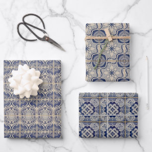 Feuille De Papier Cadeau Carreau portugais bleu blanc floral vintage