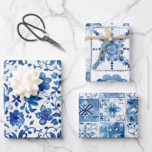 Feuille De Papier Cadeau Carreaux bleu et blanc méditerranéen 3