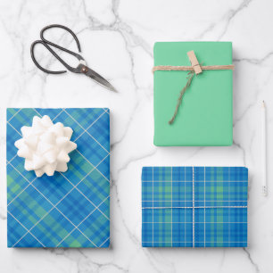 Feuille De Papier Cadeau Carreaux Bleu, Vert & Blanc