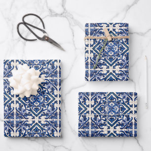 Feuille De Papier Cadeau Carreaux Méditerranéens, Portugais, Azulejo, Majol