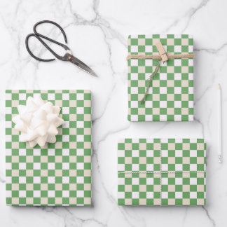 Feuille De Papier Cadeau Carreaux verts, beige et blanc classiques