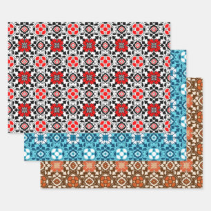 Feuille De Papier Cadeau Carrelage Floral marocain, Rouge/Dos, Bleu, Rouill