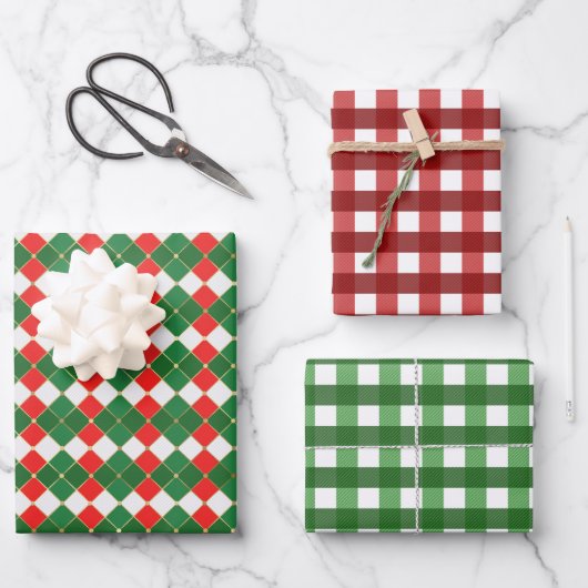 Feuille De Papier Cadeau Carrés rouges et verts (Recto)