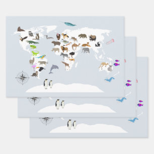 Feuille De Papier Cadeau Carte du monde pour enfants Animaux