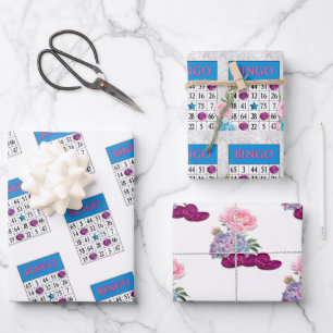 Feuille De Papier Cadeau Cartes de Bingo avec fleurs et jetons roses et ble