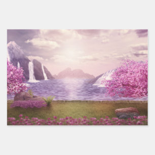 Feuille De Papier Cadeau Cascades et cerisiers autour d'un lac