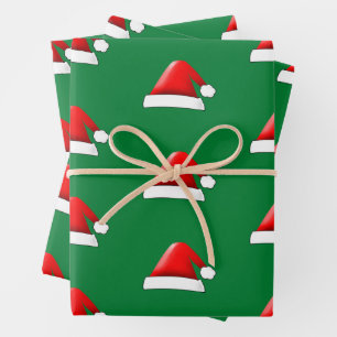 Feuille De Papier Cadeau Casquette De Noël Santas Motif En Rouge Et Vert