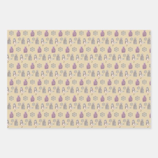 Feuille De Papier Cadeau Casquettes de laine et moineaux mignons (Devant 3)