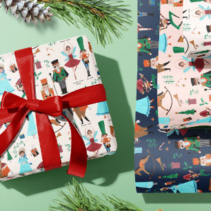 Feuille De Papier Cadeau Casse-Noisette de Noël ballet rose bleu écru