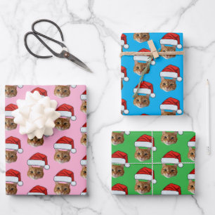 Feuille De Papier Cadeau Cat Santa Hat Photo personnalisée Pink Noël