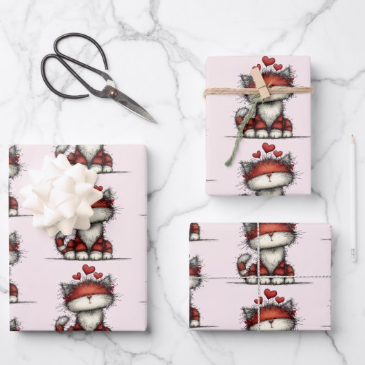 Feuille De Papier Cadeau Cat with Red Love Hearts Cute and Funny Pattern (Recto)