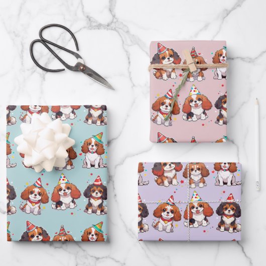 Feuille De Papier Cadeau Cavalier King Charles Pastel Motif d'anniversaire (Recto)