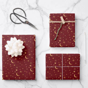 Feuille De Papier Cadeau Céleste Lune et Étoiles de Noël Festives