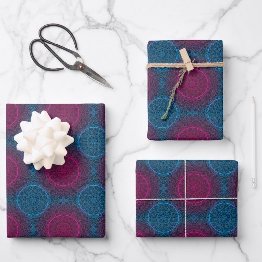 Feuille De Papier Cadeau Cercle bleu violet et rose Mandala (Recto)