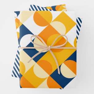Feuille De Papier Cadeau Cercles de motif d'art chic bleu foncé jaune ensol