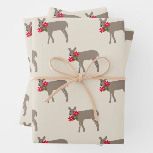 Feuille De Papier Cadeau Cerf de Noël aux fleurs (En situation)