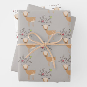 Feuille De Papier Cadeau Cerf de Noël aux oiseaux