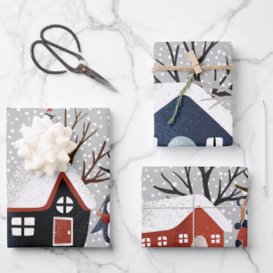 Feuille De Papier Cadeau Cerf de pingouin d'hiver et flocon de neige de pan