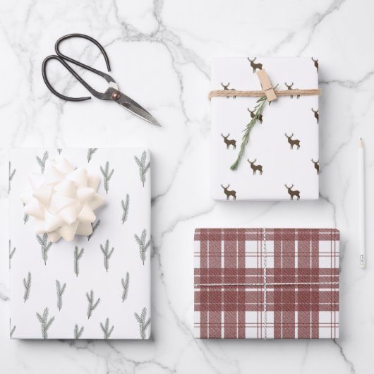 Feuille De Papier Cadeau Cerf, pin et plaid Cabine (Recto)