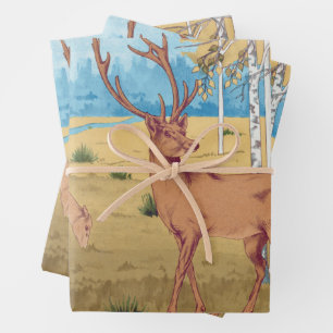Feuille De Papier Cadeau Cerfs en forêt Animal Vintage