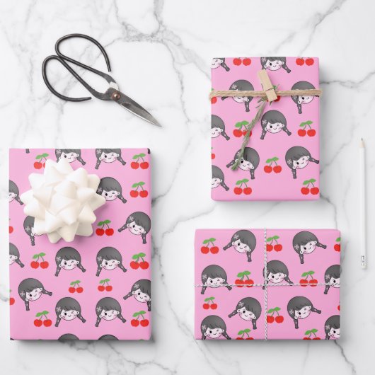 Feuille De Papier Cadeau Cerise rose mignonne Fille (Recto)