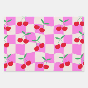 Feuille De Papier Cadeau Cerises à carreaux sur des damiers roses tordus