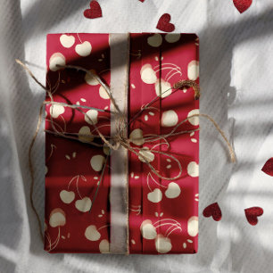 Feuille De Papier Cadeau Cerises à l'aquarelle crème sur fond rouge – Saint