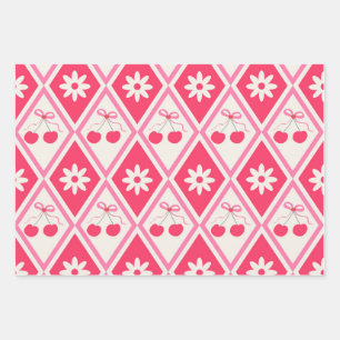 Feuille De Papier Cadeau Cerises Coquettes et nœuds roses sur diamants roug