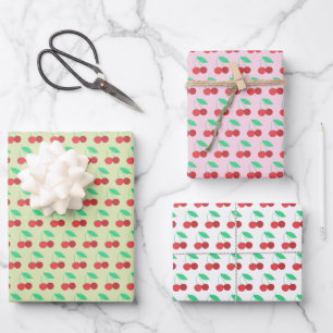 Feuille De Papier Cadeau Cerises gaies Fruity Fun Rouge Vert Rose